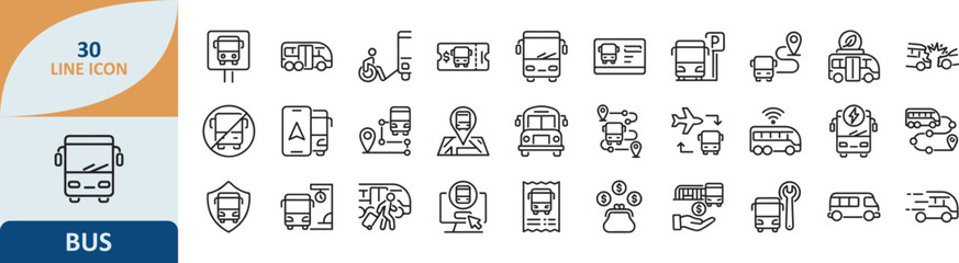 Set of outline thin line bus and public transportation icons with transportation traveling minimalist transport passenger destination connection navigation infrastructure pictogram © Stockfyy