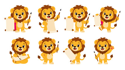 Fototapeta premium Cute cartoon lion characters holding scrolls and paintbrushes