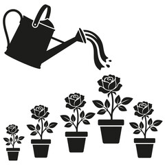 Watering can pouring water on potted rose plants stages of growth silhouette vector illustration © Nuralam