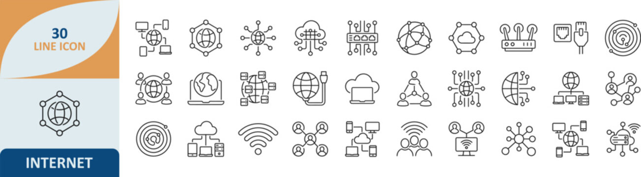 Internet and network connection line icons set with internet connection communication technology wireless computer transfer information computing software infrastructure transmission