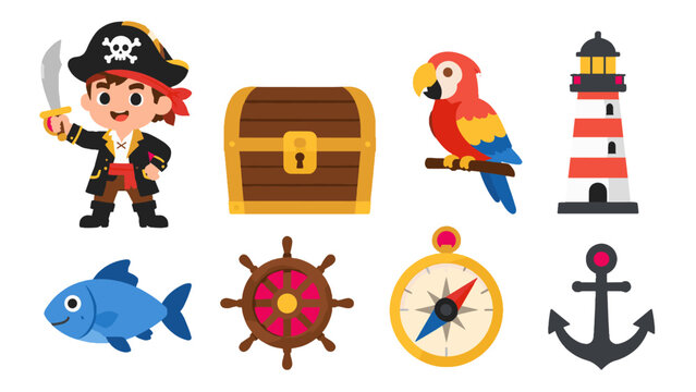 Cute pirate adventure icon set with nautical cartoon elements