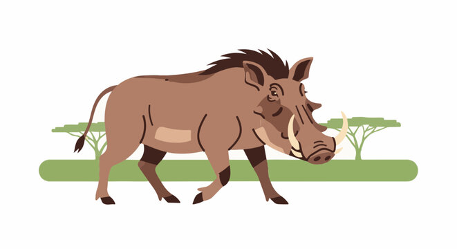 Stylized illustration of a walking warthog with tusks in an arid landscape