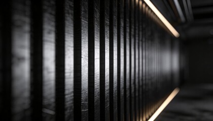 Naklejka premium Highlighting vertical dark wooden slatted wall drawing eye through modern corridor, with LED strips