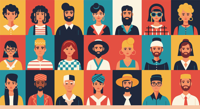 Colorful grid of diverse human faces showcases people of various ethnicities ages and styles wearing different hats and sunglasses.