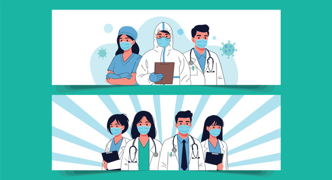 Set of medical banners showing diverse healthcare professionals including doctors and nurses wearing face masks and protective gear.