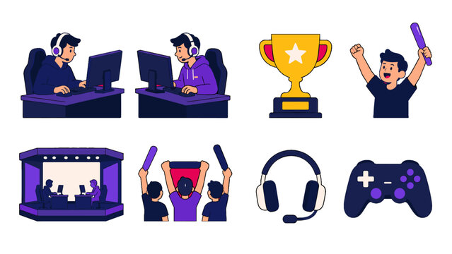 Esports gaming icons set with players trophy fans and gear