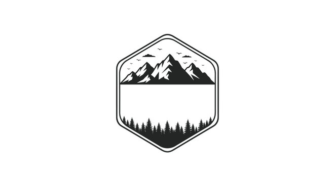Vintage style mountain landscape badge featuring pine trees and peaks inside a hexagonal frame in a minimalist black and white design.