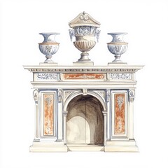 Obraz premium An ancient greek cabinet with vase art architecture fireplace.
