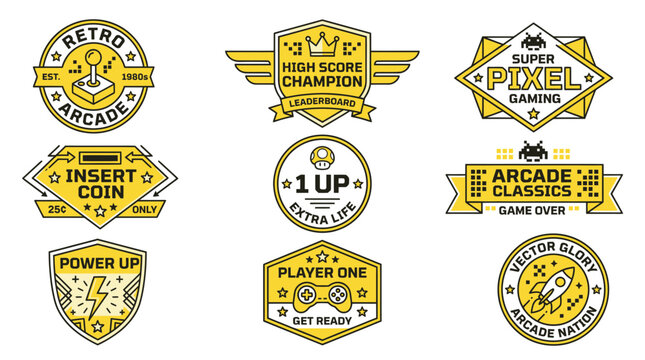 Retro Arcade Game Badges & Emblems Collection - Vintage Gaming Icons