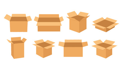 Fototapeta premium Set of open cardboard boxes in different shapes and views