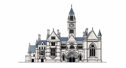 Obraz premium Stylized drawing of a large, ornate gothic building with a central clock tower
