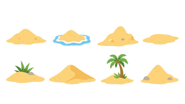 Set of cartoon sand piles and small desert island elements