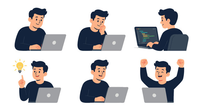 Set of man using laptop in different working poses