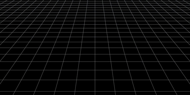 Futuristic perspective grid box. Abstract wireframe with white grid line on black background. Virtual reality landscape in 80s 90s digital style. Vector
