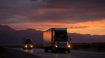 Obraz premium Two large trucks with trailers drive on a highway against a dramatic orange and purple sunset in a desert landscape with mountains
