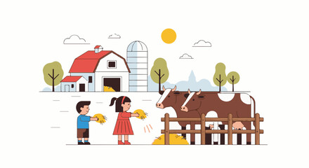 Fototapeta premium Children feeding cows on a farm with a barn and silo under a sun