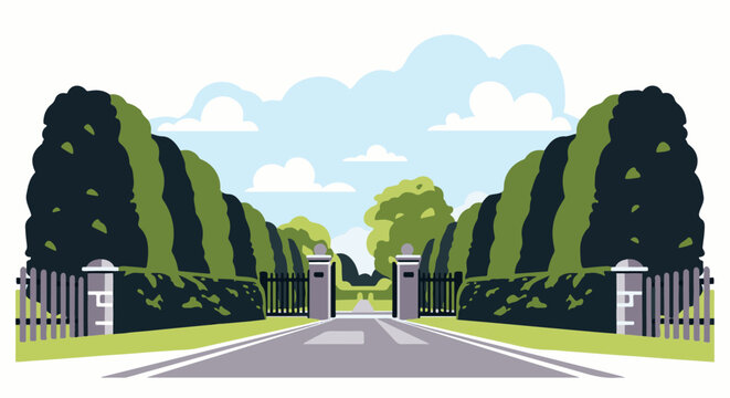 An inviting tree-lined road leads through an open gate under a cloudy sky
