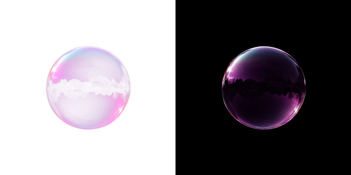 Large floating soap bubble with realistic glossy texture, isolated on transparent PNG and black background. Professional photo overlay element.