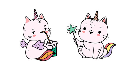 Fototapeta premium Adorable kawaii cat unicorns set. Vector cartoon characters drinking and playing with magic wand with sparkles. Teaching materials and stickers, childrens books and card designs, fantasy themed decor