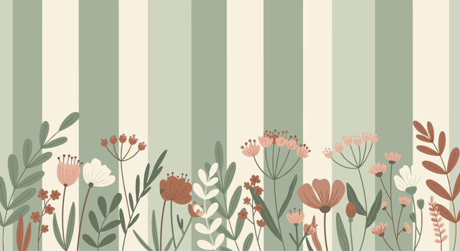 Beautiful floral pattern with pink, white, and brown flowers on a green and beige striped background for design and decoration purposes effectively