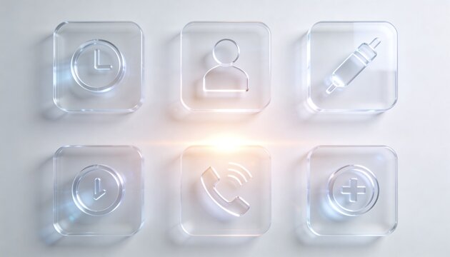 Displaying six translucent rounded-square tiles in 3x2 grid on matte surface, with embossed symbols
