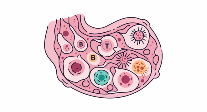 Anatomical illustration of a lymph node showing various immune cells