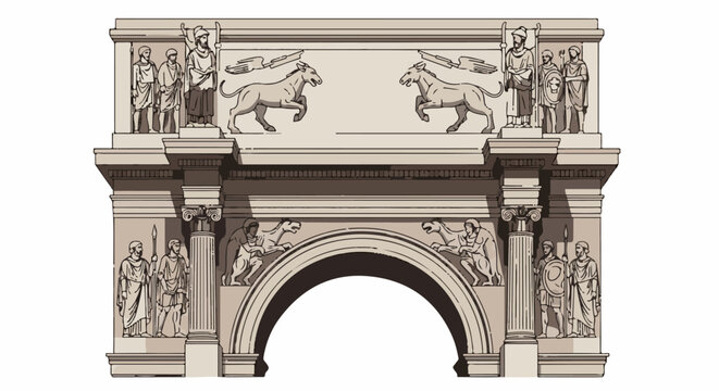 Ancient archway with classical figures, horses, and ornate architectural details