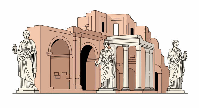 Ancient architectural ruins with classical statues and arches