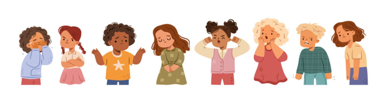 Children expressing feelings. Vector isolated boys and girls cartoon personages conveying negative emotions. Crying and disgust or contempt, sadness and surprise, shock and disregard, anger and guilt
