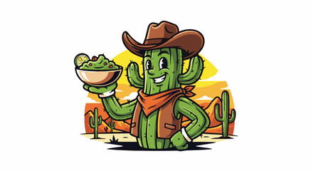 Obraz premium Cartoon cactus cowboy in a desert holding a bowl of guacamole