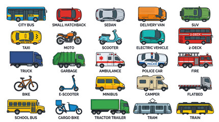 Diverse Vehicle Icons Collection: Transportation and Mobility Elements © anis