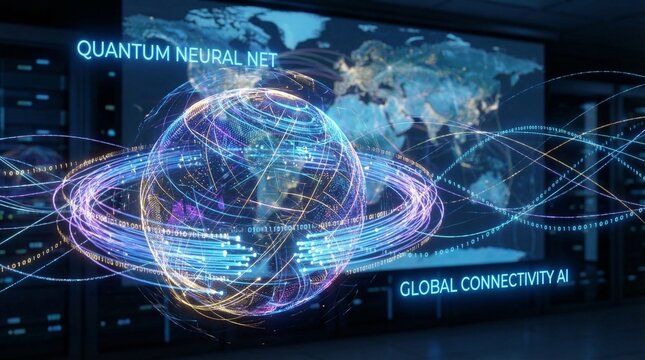 Glowing digital globe representing complex quantum neural networks and advanced global connectivity artificial intelligence technology in a high tech server room
