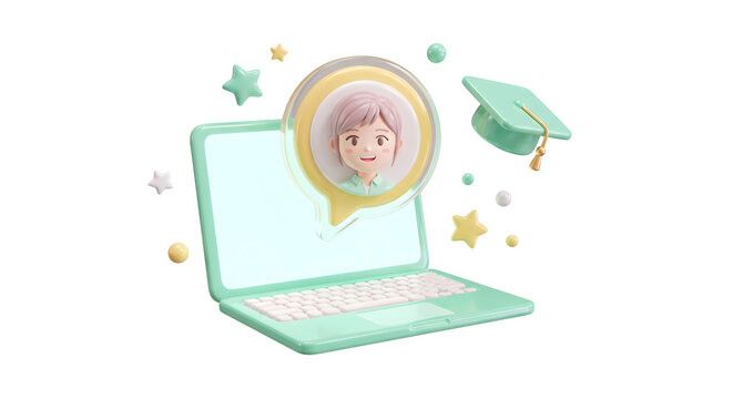 3D render of an online education concept. Pastel green laptop with a student girl avatar in a chat bubble, floating graduation cap, and stars isolated on a white background.