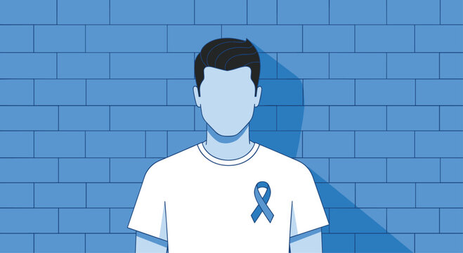 Illustration of a faceless man wearing a white t-shirt with a blue awareness ribbon on a blue brick wall background