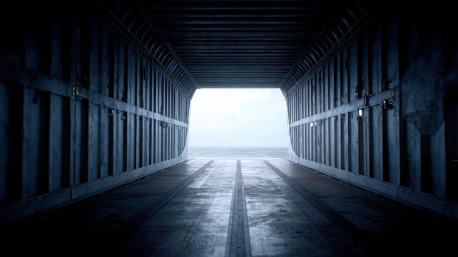 Interior cargo plane dark empty industrial metal transportation perspective tunnel dramatic blue light open door floor structure travel freight shipping warehouse storage logistics vehicle