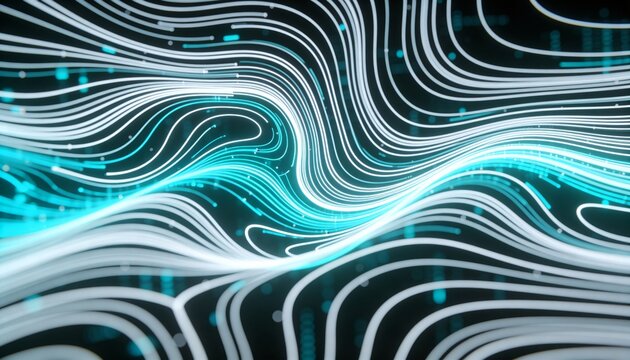 Flowing white and teal ribbons sweeping in computer-generated 3D space, with glowing cyan particles