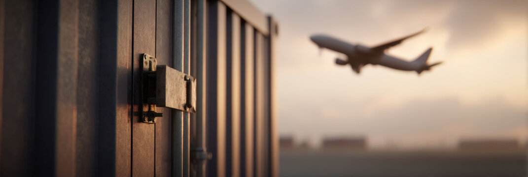 Heavy steel locking mechanism on shipping container with airplane taking off in background, symbolizing global logistics and secure cargo transport at sunset