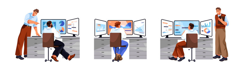 Employees working in control room with large computer monitors. Vector isolated set of team of operators analyzing data, supervising digital dashboards and managing information systems © Sensvector