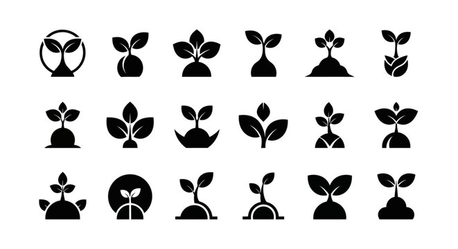 Black silhouettes of growing plants icons.