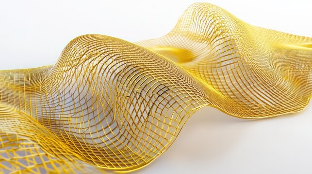 Gold-colored mesh fabric with flowing wavy texture and reflections