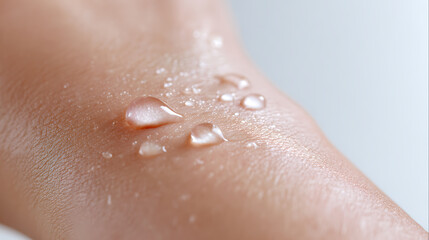 Fototapeta premium Close up of fresh clean water drops on smooth, healthy human skin, illustrating hydration, moisture, and dermatological care concepts with natural beauty