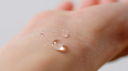 Fototapeta premium Close-up of translucent water drops on human skin showing hydration and natural moisture, with a soft, clean, and healthy aesthetic