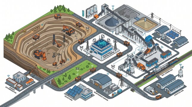 An isometric diagram, shows an eco-mining site powered by solar and wind, alongside a green reclamation area with a public park and wetlands.
