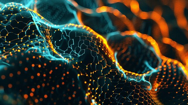 Abstract macroscopic view of a teal and orange bio-luminescent cellular mesh network, showcasing organic interconnected web structures for biotechnology and modern scientific graphic resources.