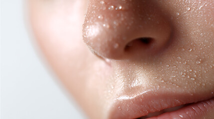 Fototapeta premium Close-up of human face with clear water droplets, fresh skin texture detail, healthy natural glow, moisture, hydration, beauty, skincare concept