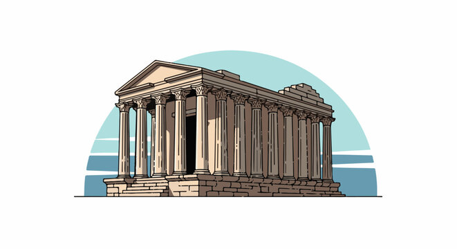 Ancient temple with columns against a sky and water backdrop