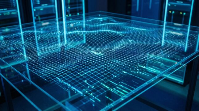 Glowing blue digital grid topography projected onto a glass table inside a modern data center with server racks and hardware