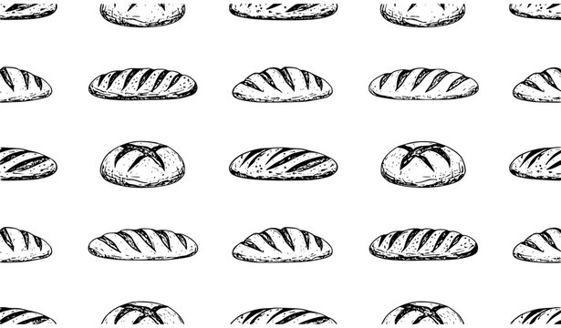 Seamless Long Loaf Bread Pattern with Hand Drawn Bakery Sketch Vector Illustration