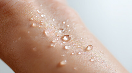 Fototapeta premium Close-up of human skin with clear water drops, showcasing hydration and healthy texture, evoking freshness and purity for beauty concepts