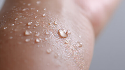 Fototapeta premium Close-up macro shot of human skin surface covered in clear water droplets, showcasing texture and hydration with natural light detail